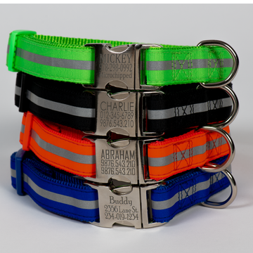 Reflective Saftey Adjustable Dog Collar Personalized Buckle 5 Colors