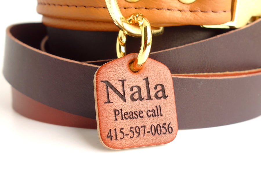 Pet ID Tag Personalized for Dog Collars in Leather Easy on New Spring Ring