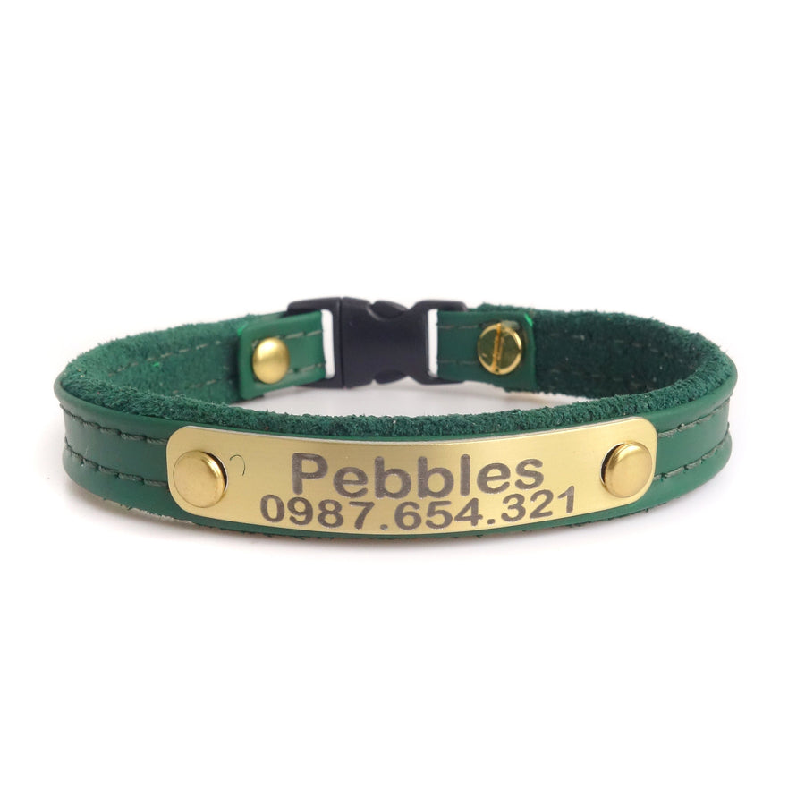Green Leather Cat Collar Personalized with Pet ID Aluminum Metal Tag Color