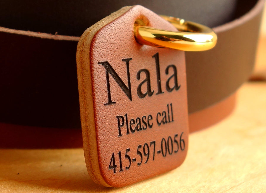 Leather Dog ID Tag Personalized  and engraved with metal  spring ring