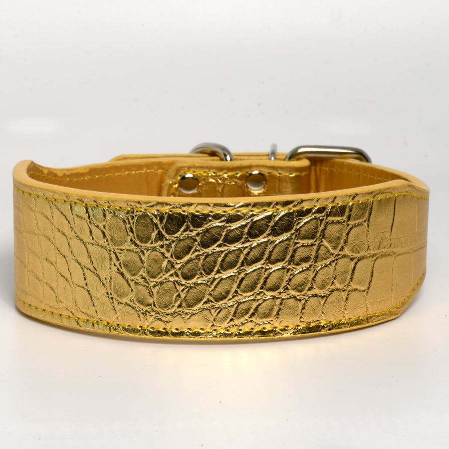 Leather Gator Print Dog Collar in Gold 2 Inch Wide